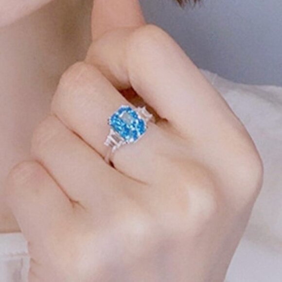 ⚡925 Silver Plated Iced Out CZ Blue Crystal Wedding Ring, MARR9449 - Picture 6 of 7